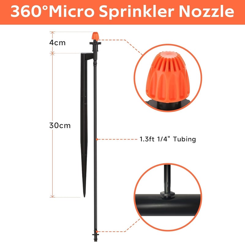 La Farah Drip Micro Sprinkler Heads with Stake: 360 Degree Sprinkler Nozzle with 1/4" Drip Irrigation Tubing - 10 Pack Drip Spray Emitters on 12 Inch Stake for Garden Water System - Image 2
